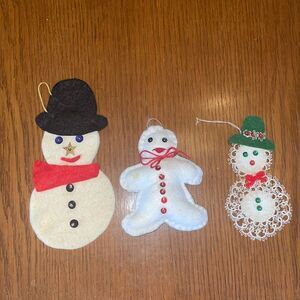 Collection of 3 homemade/handmade snowman Christmas tree ornaments